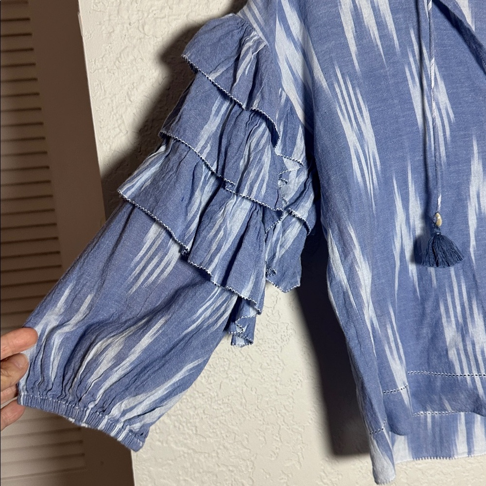 SAYLOR Blue Ikat Ruffle Blouse Cotton Summer Vacation Resortwear Tassels Medium - Picture 2 of 8
